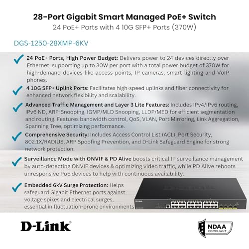 Image of D-Link 28-Port Gigabit Smart Managed PoE+ Switch | 24 PoE+ Ports (370W) + 4 10G SFP+ Ports| L2+ /L3 Lite |VLANs |Web Managed |Surveillance Mode | Rackmount | NDAA Compliant (DGS-1250-28XMP-6KV)
