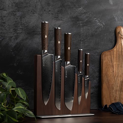 Image of Yatoshi Knives Magnetic Kitchen Knife Block Set - Japanese 67 Layer High-Grade VG-10 Steel Knives, Sharp, G10 Handle Professional Kitchen Knife Set - Damascus (6 pieces), Brown Pakkawood Handles