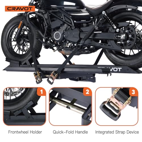 Image of CRAVOT Motorack M1 Max Motorcycle Carrier with Ramp, 660lbs Capacity | Hitch MotorBike Carrier, Foldable Hauler Hitch Mount Rack Anti-Rattle Up to 6-inch Fat Tire 2 inch Receiver