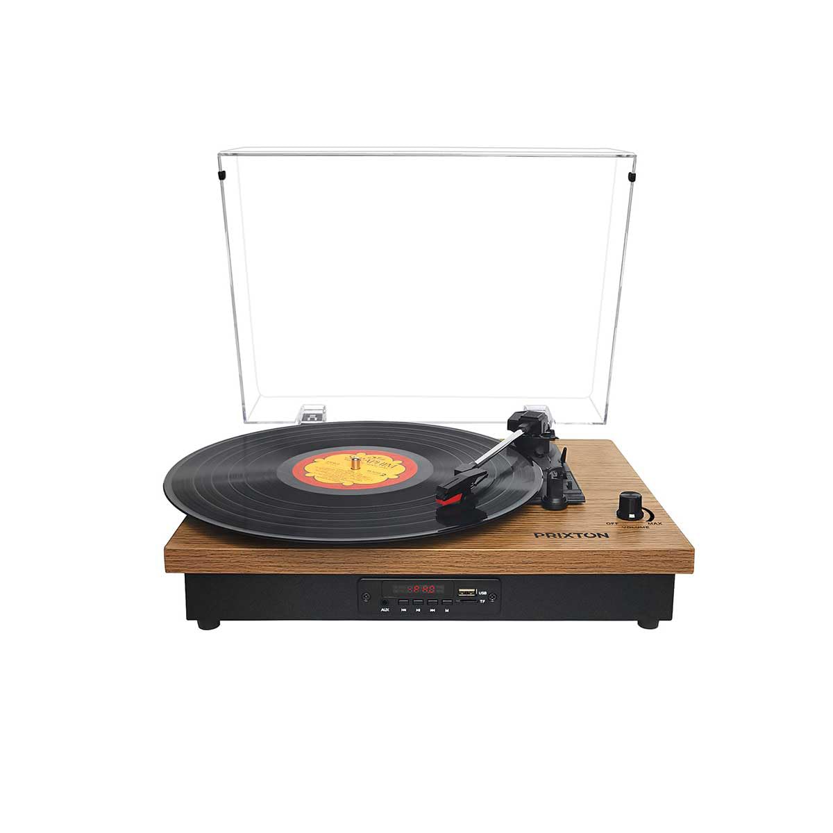 PRIXTON Platine Vinyle Studio, Tourne Disque Vintage, Lecteur de Vinyles et de Musique Via Bluetooth/USB/SD/Radio, 2 Haut-parleurs intégrés, Convertisseur des vinyles, Housse Anti-poussière, Bois