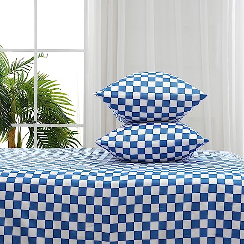 Image of Best Season Bed Sheet Set 4 Piece -Full Size-Soft Durable Microfiber Bedding Sheet Set,Deep Pocket,Stain,Fade & Wrinkle Resistant Blue and White Checkerboard Grid(Plaid Blue&White)