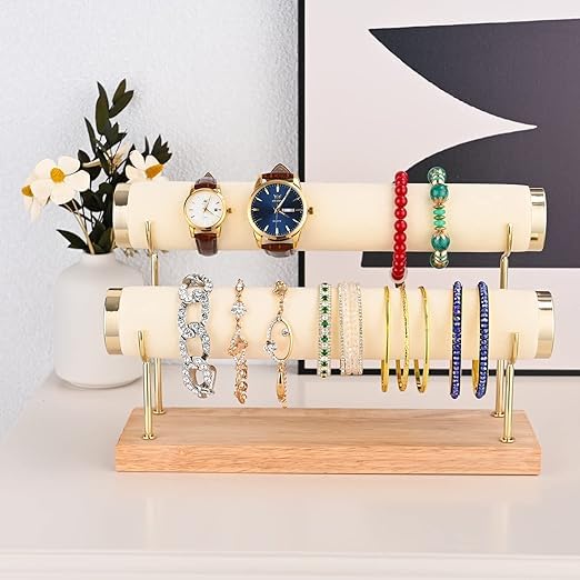 Image of Wooden Metal 2 Roll Cream Gold Metal Chrome Finished Wooden Jewellery Display Stand
