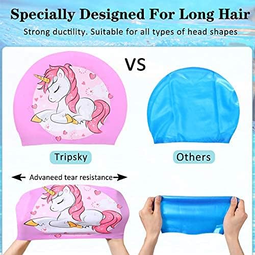 Miniatura 6 de JenPen Gorro de natación para niños, de silicona, impermeable, duradero, para niñas y niños, con pelo largo, corto, rizado, morado y rosa