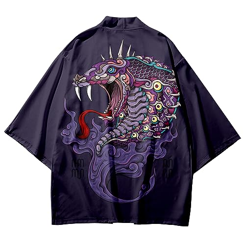 Image of DOSLAVIDA Men's Japanese Kimono Cardigan Suit Chinese Style Printed Jacket Pants Set Open Front Seven Sleeve Top & Shorts