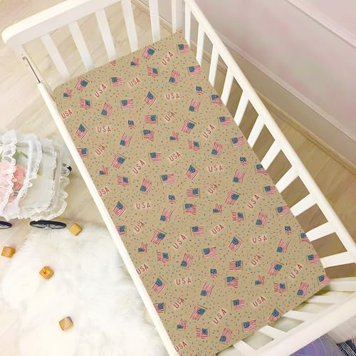 Image of Crib Sheet Breathable Soft Crib Mattress Sheet for Baby Toddler Boys Girls Fitted Crib Sheet Fit Standard Crib Mattress 52 x 28 Inch Tan July 4th American Flags