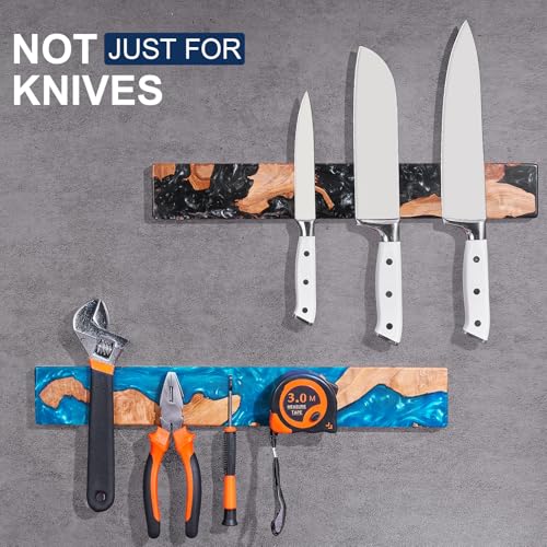 ENOKING Magnetic Knife Holder for Wall 40cm, Acacia Burl Wood & Blue Resin Magnetic Knife Strip Bar, Powerful Magnet Kitchen Knife Storage Rack, Space-Saving Wall Mounted Organizer - Image 6