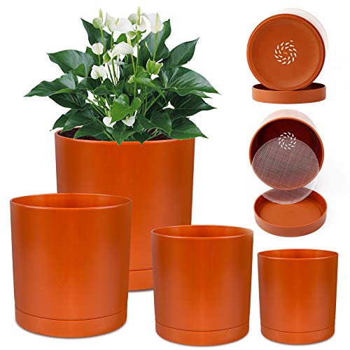 OurWarm Plastic Plant Pots 4pcs Terracotta Pots for Plants 7/6/5/4 Inch Flower Pots Outdoor Indoor Planter Pots with Drainage Hole and Tray for Succulents and Cactus