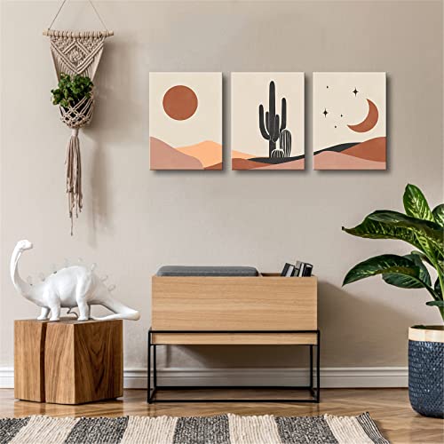 Boho Wall Art Desert Prints - Bohemian Pictures Sun Moon Stars Paintings Framed Abstract 3 Pieces Cactus Landscape Artwork 12X16 Inches Canvas Earthy Decoration For Living Room Bedroom Bathroom Decor #TOP3