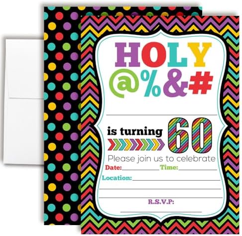Amanda Creation 60th Birthday Invitations, 20 Funny 5x7 Fill-In 60th Birthday Party Invitations with 20 White Envelopes, Holy Bleep Theme image 4