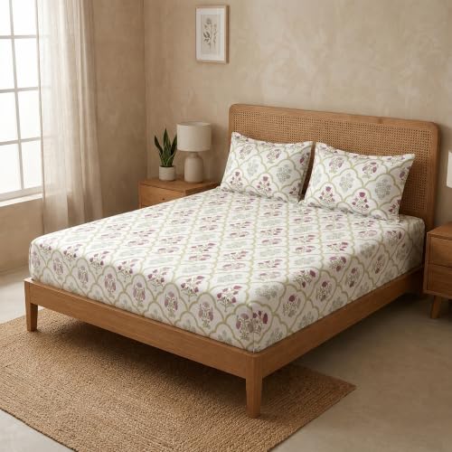 Image of HOMEMONDE 186 TC Soft Cotton Fitted Sheet Floral Printed Queen Size Elastic Fitted Bedsheet with Two Pillow Covers - (78 x 72 Inches, Spring Buds Pink) | Perfect for Home Decor & Gifting