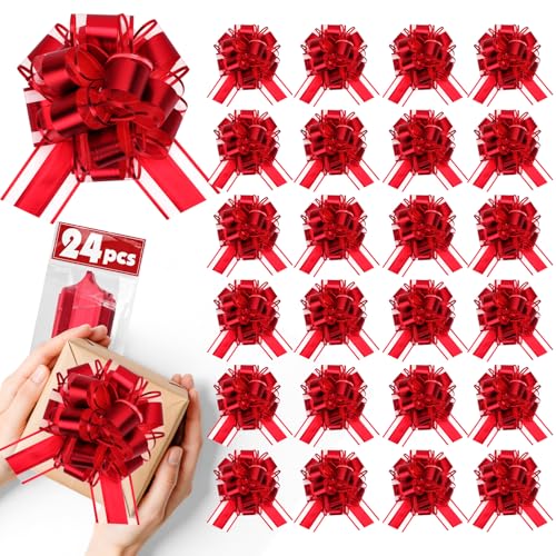 24PCS Red Pull Bows for Gift Wrapping 6 Inch Large Gift Wrap Bows for Boxes Present Gift Baskets Flower Bouquets Red Gift Bows for Easter Mothers Day Christmas Weddings Birthdays and Parties.