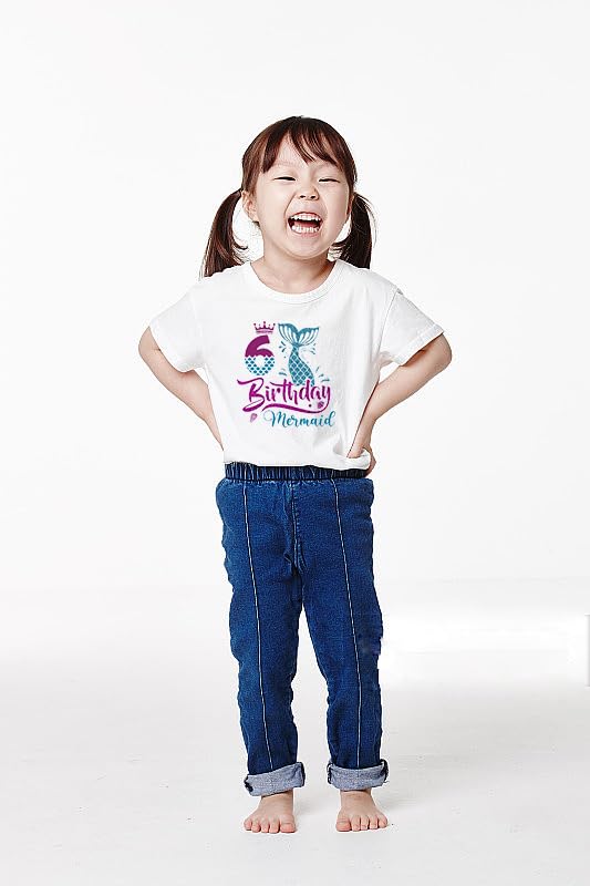 6th Birthday Shirt for Girls, Dress for Girls, T Shirt for 6 Year Old Gift Outfit, Decoration Mermaid Clothes White4