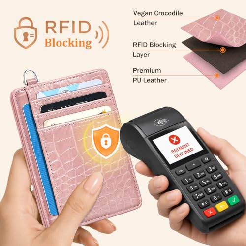 Image of Coco Rossi Crocodile Wallet Women Slim Credit Card Holder with Keychain | Luxury Wallets, Alligator Print, RFID Blocking, ID Case, Small Minimalist, Womens Girls Gift, Pink Croc