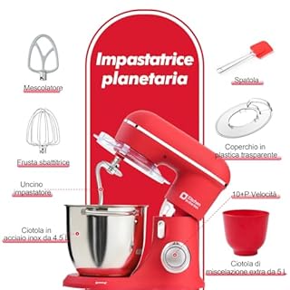 Kitchen in the box Impastatrice Planetaria，2 Ciotole 4,5 L+5 L Planetaria Professionale, 10 Velocità con Uncino Impastatore, Mescolatore, Frusta Sbattitric, 1300W (Rosso)