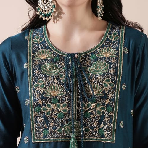 Image of Globus Women Taupe Embroidered Straight Kurta Set with Trouser-3638120001