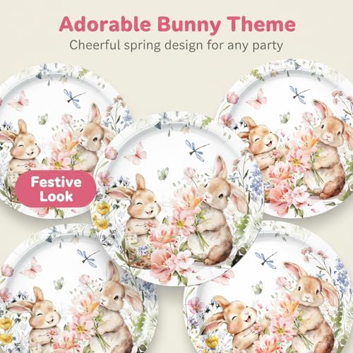 Image of 50 Pcs Easter Paper Plates Party Supplies Bunny Wildflower Paper Plates 7in