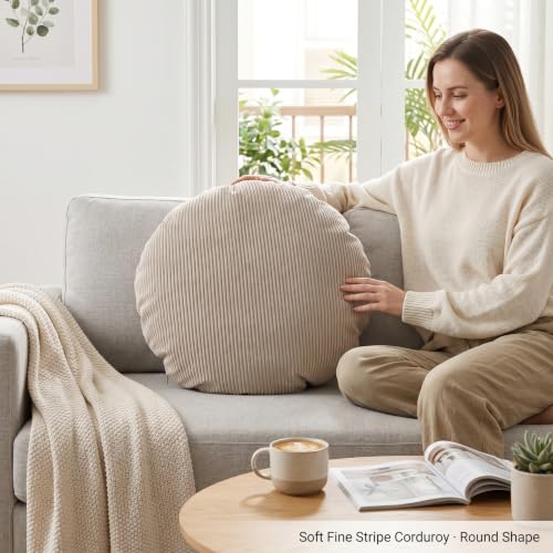 StaZamor Housse de Coussin Ronde en Velours côtelé à Rayures Douces, taie d'oreiller Respirante pour la décoration de la Maison, canapé-lit, Beige, 19.6 Pouces diamètre – vue 3