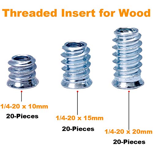 Image of Wood Threaded Insert 1 /4-20 x 10mm 15mm 20mm Length Screw in Insert Nut Kit for Wood Furniture 60 Pieces