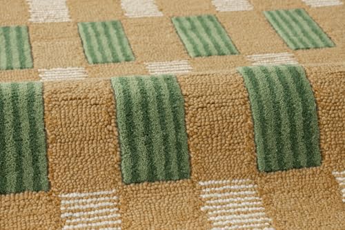 Image of Hand-Tufted Wool Area Rug with Scalloped Edges, Beige and Green Plaid Pattern, Cozy and Soft Accent Rug for Living Room, Bedroom, and Nursery, Handmade Decorative Rug, 1x1 Ft (Sample)