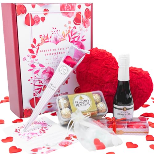 FAMILYCOM. Cesta Regalo Original. Chocolates originales para regalar por San Valentín, Cumpleaños, a tu Pareja. Bombones Ferrero Rocher, Peluche corazon, Rosa de Amor, Pluma Masaje, Cava,Velas.