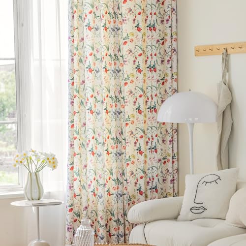 Image of SUOUO Red Floral Curtains for Living Room Chenille Light Filtering 84 Inches Long 2 Panels Patterned Green Yellow Wildflower Window Drapes for Dining Bedroom
