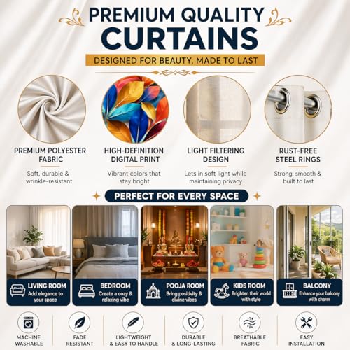 Image of KALIYO Peacock Feather Printed Light Filtering Curtain for Living Room | Pack of 1 Door and Window Curtain | Elegant Polyester Curtain (5 Feet)