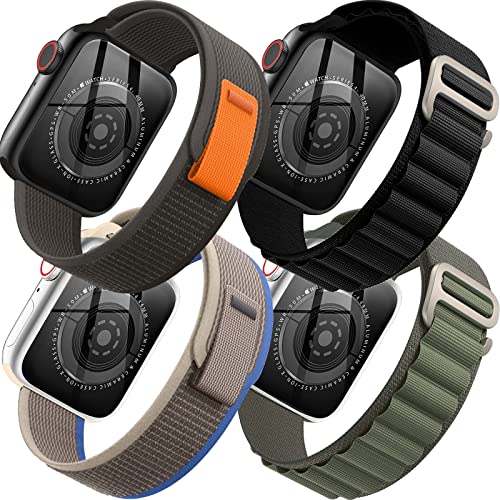 4 Pack Alpine Trail Loop Nylon Band Compatible with Apple Watch Band 49mm 45mm 44mm 42mm Women Men,Adjustable with Metal G-Hook Strap for iWatch Ultra Series SE 8/7/6/5/4/3/2/1,Black/Green/Black/Blue