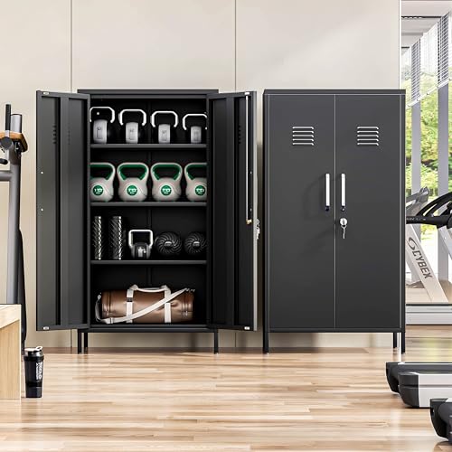 Image of PAOFIN 47 inch Metal Storage Locker, Lockable Employees Metal Locker with 2 Door and Adjustable Shelves, Steel Locker for Home, School, Office, Gym (Black)