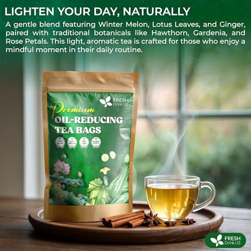 Image of FreshDrinkUS, Oil-Reducing Herbal Tea - 75 Tea Bags | Blend of Winter Melon, Lotus Leaf, Ginger, Hawthorn, Gardenia Fruit, Rose, Cassia Seed & More | Naturally Caffeine-Free | Delicious Hot or Iced