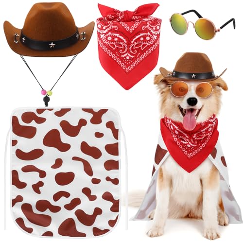 4 Pcs Dog Cowboy Costume Set Includes Pet Cowboy Hat, Triangle Ba...