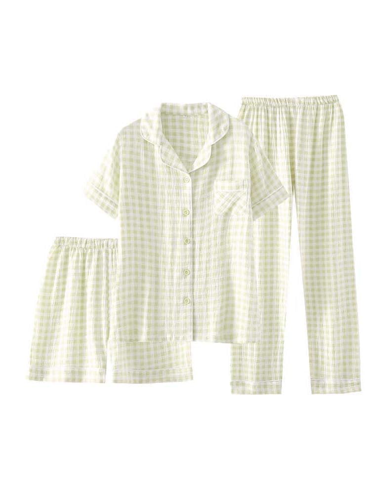 Image of codcm Womens Cotton Pajama Sets Plaid Short Sleeve Button Down Sleepwear Ankle Pants 3 Piece Gingham Pj Set