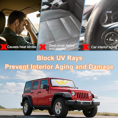 Image of Windshield Sun Shade for Jeep Wrangler JK 2007-2018, Foldable Heat Shield with UV Protection, Custom Fit for 2 /4 Door Models, Car Window Visor Accessories