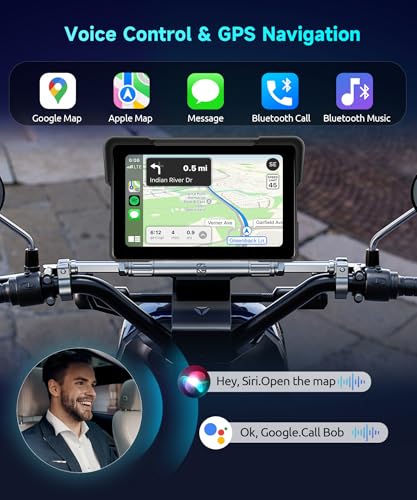HD IPS Touch Screen Portable Wireless Apple Carplay Screen for Motorcycle&Wireless Android Auto GPS Navigation for Motorcycle,Car Play with Dual Bluetooth Waterproof,Siri,7Inch for Motorbike METEESER