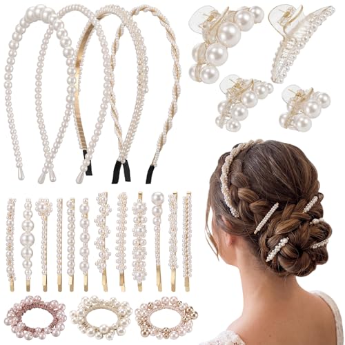 23 Pcs Pearl Hair Accessory, Faux Pearl Hair Clips,Headbands and Gold Clips
