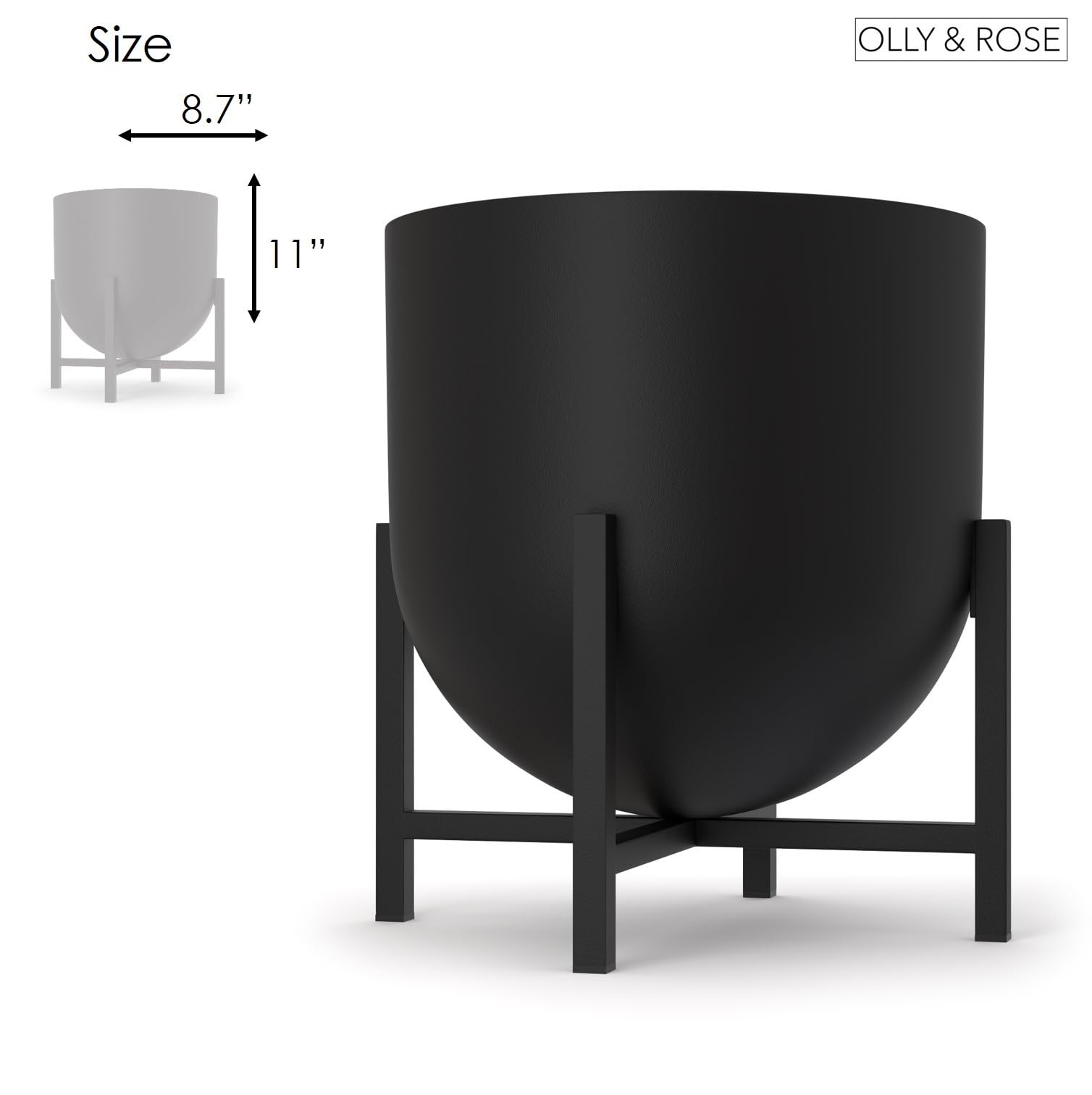 Olly & Rose Maceta con soporte para plantas – Maceteros de metal para interior, maceta grande (negro, 22 cm)