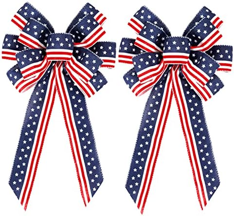 2 Pack 4th of July Decor Bow for Wreath,Red White Blue Stripe Sta...