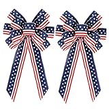 2 Pack 4th of July Decor Bow for Wreath,Red White Blue Stripe Stars Tree Topper Bows for Patriotic,Independence Day,Memorial Day,Veteran's Day,Front Door Indoor Outdoor Decorations