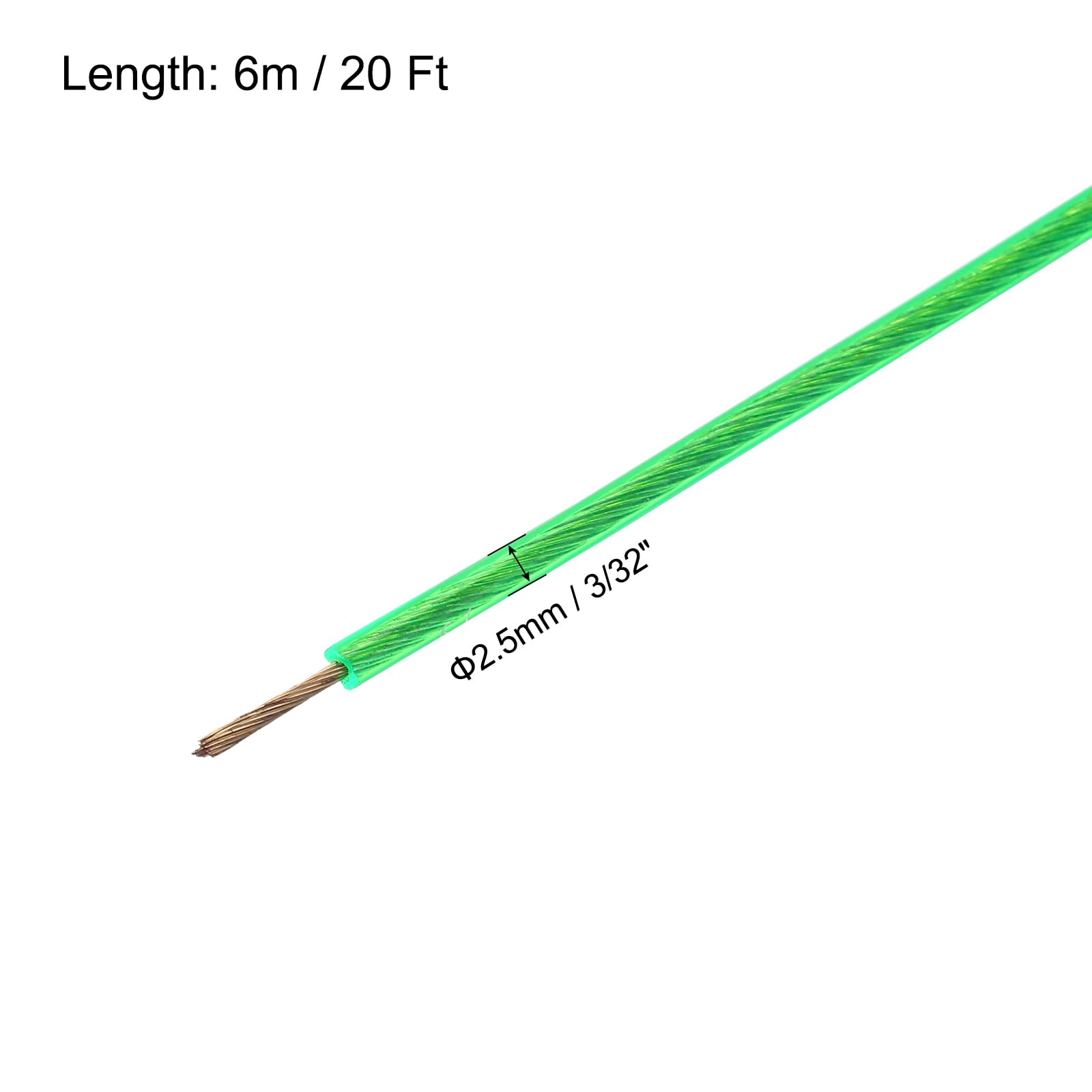 MECCANIXITY 2.5mm (3/32 inch) Green Vinyl Coated Wire Rope, 6m /20ft Galvanized Steel Cable Wire Rope with 2PCS M3 Loop Sleeves for String Light Hanging, Deck Railing, Garden Wire
