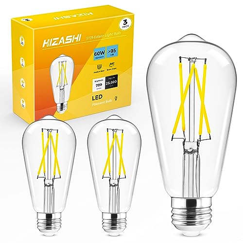 Hizashi Edison Bulb 60 Watt LED, 2700K Dimmable LED Light Bulbs E26 Base, ST19 Vintage Light Bulbs Soft Warm White, 95+CRI, UL Listed,700 Lumens 6W, Clear Glass, Pack of 3 Warm White 2700k 3