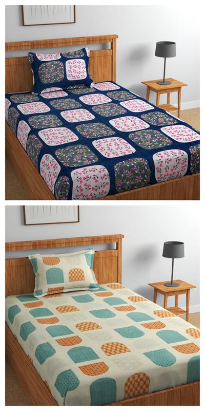 SJH DECOR 220 TC Single Bed Sheet Set – Pack of 2 Bedsheets with 4 Pillow Covers Soft & Durable for Single Bed – Pink & Beige