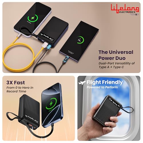 Image of Lifelong Electronics 20000mAH 35W Fast Charging Small Pocket Size Power Bank | Built-in 35W (1.5X Faster) Type-C Cable & Port | Flight Friendly | USB-A (30 W) Output Powerbank for iPhone, Android, Mac
