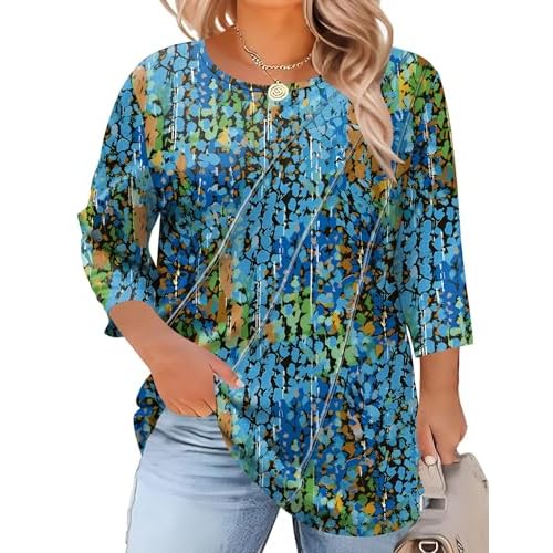 LOMON Womens Plus Size Tops 3/4 Length Sleeve Womens Tops Pleated Crewneck Fall Shirts Summer Blouses 2026 (1X-5X)