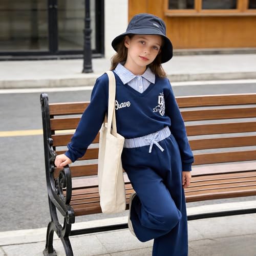 Image of Yoxindax Girls 2-Piece Clothes 2 In 1 Collared V-Neck Sweatshirt Wide Leg Contrast Color Pants Winter 7-14Y Outfits Set