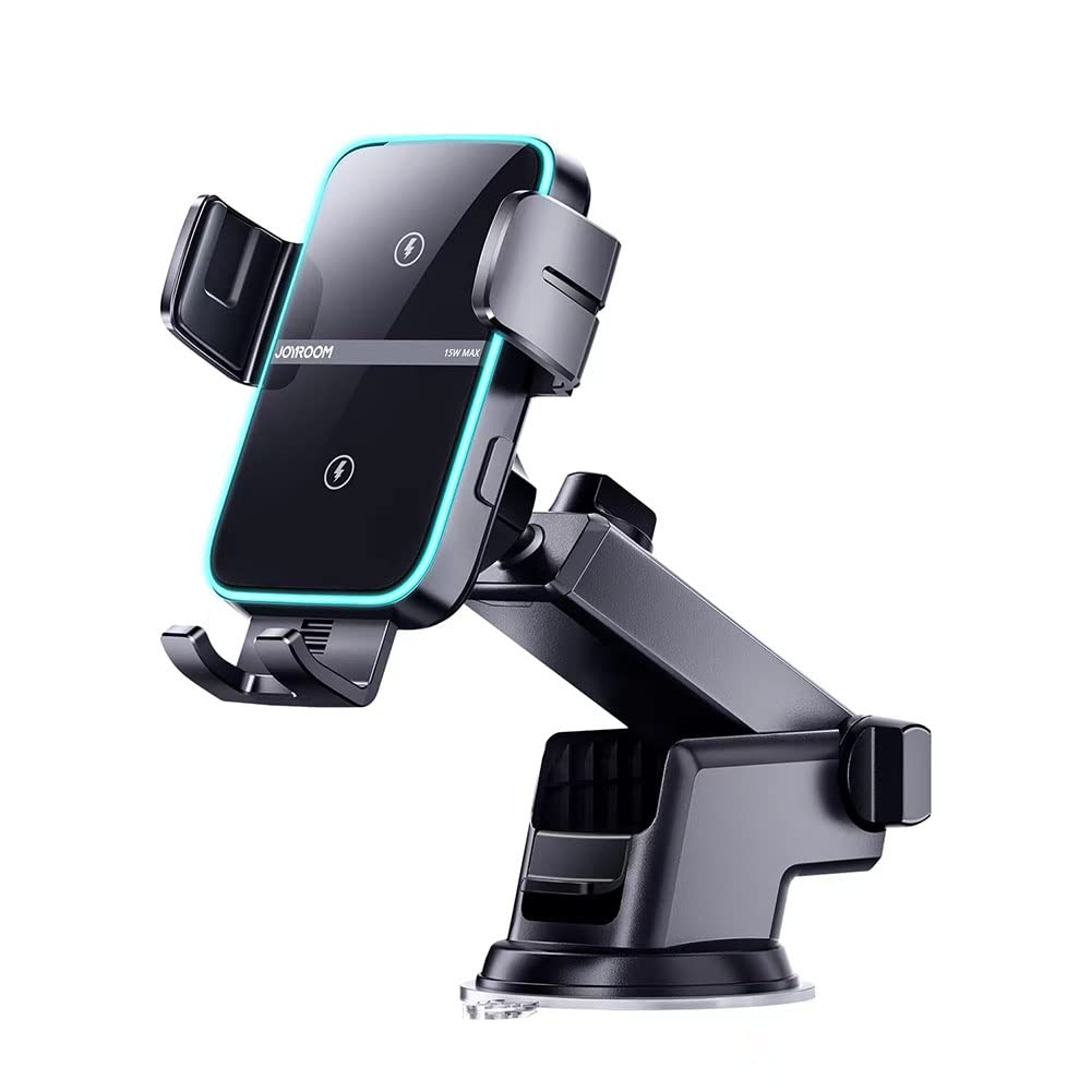 JOYROOM JR-ZS246 wireless car charger mounted on a dashboard, showing automatic phone locking and one-touch release mechanism.