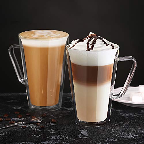 ecooe 2x450ml Tazas de Café de Cristal,Vasos de Doble Pared con Asa,Tazas de Vidrio Borosilicato para Té,Café,Leche… - Imagen 6