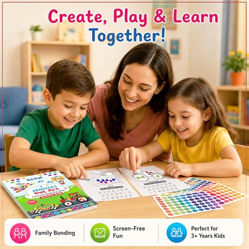 Image of GLUN Vehicles Dot Art Sticker Activity Book, 28 Pages for Kids 3-6 Years | 1750+ Colorful Stickers | Cars, Trucks, Letter Recognition & Fine Motor Skills Activities
