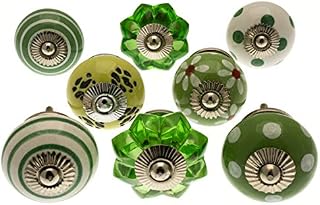 knoa Bright Green Door Knobs Beautifully Hand Painted Ceramic in a Set of 8 Spots, Stripes and Patterns