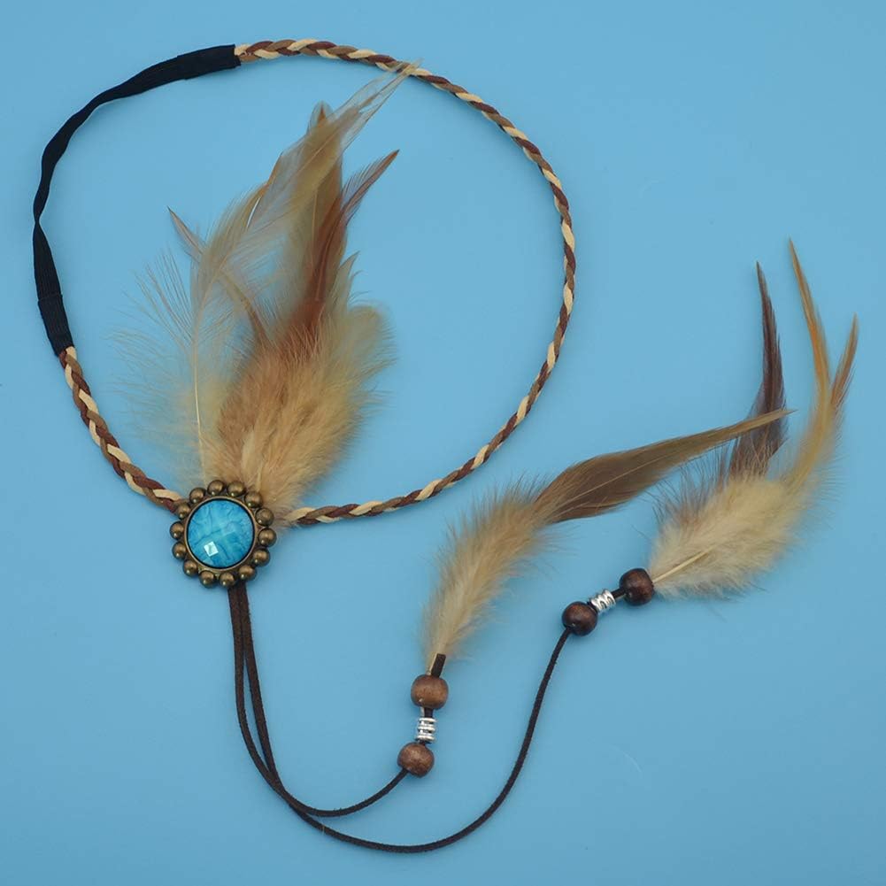 Women Handmade Indian Feather Headdress with Blue Gemstone Gypsy Hippie Feather Headband Bohemian Headwear Headpiece Tribal Fascinator Feather Hairband - Image 5