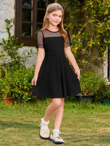 Haloumoning Girls Contrast Mesh Puff Short Sleeve Dress Kids High Waist A Line Casual Dresses with Pockets 4-14 Years4