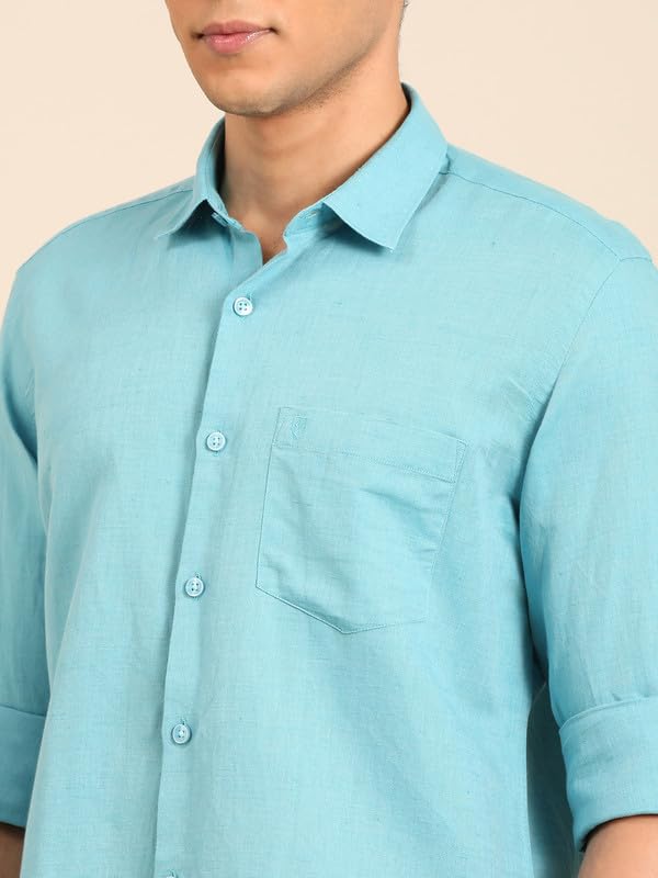 Image of Linen Club Men's Pure Linen Olive Solid Contemporary Fit Full Sleeve Casual Shirt
